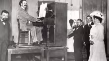 Early recording session with a gramophone